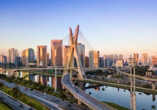 Aerial view of the famous cable-stayed bridge of Sao Paulo city.